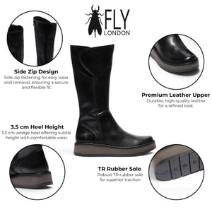 Fly London Damen Schwarze Lederstiefel mit hohem Zug – RHEA042