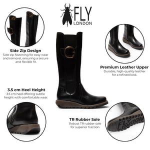 Fly London Damen Schwarze, kniehohe Lederstiefel – SOIF361