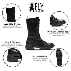 Fly London Women's Black Leather Schnürstiefel für Kampf-Knöchel – NOLE176
