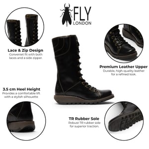 Fly London Women's Black Leather Strike-Up Combat Ankle Boots – STER768