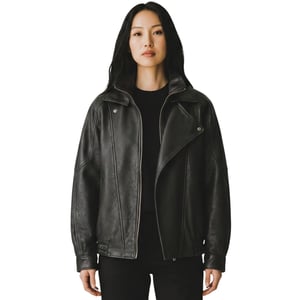 Damen-Schwarze Lammleder-Big Bomber Biker Blouson Oversize-Jacke – Krakau