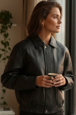 Damen Schwarze Leder-Biker Blouson Bomber Oversized Jacke – Moon