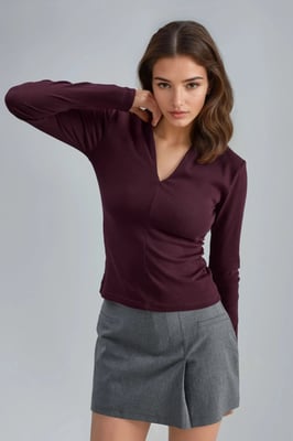 Slim Fit V-Ausschnitt Langarmbluse