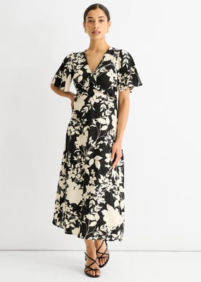 Mono Ruffle V-Ausschnitt Viskose Midikleid
