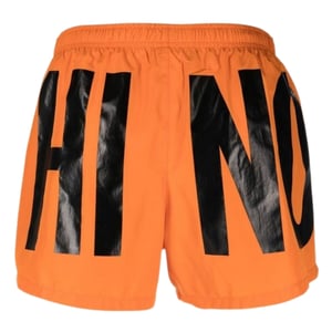 Kurze Badeshorts mit Logo-Aufdruck der Marke Moschino in Orange