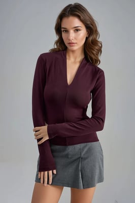 Slim Fit V-Ausschnitt Langarmbluse