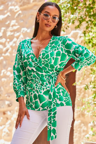 Green & White Morocco Print Wrap Jersey Top