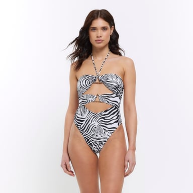 River Island Womens Swimsuit White Animal Bandeau Cut Out