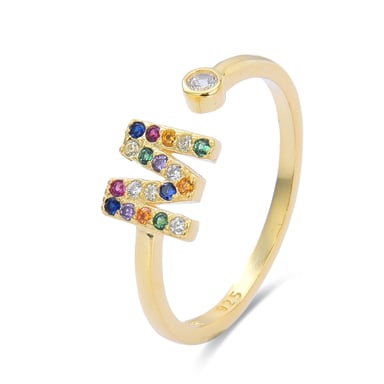 Luxenter Ring aus 925er Sterlingsilber mit mehrfarbigen Zirkonen in 18K Gelbgold - Alphabet