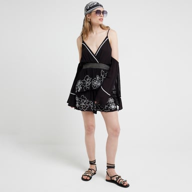 River Island Womens Playsuit Black Embroidered Cold Shoulder