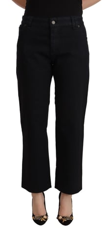 John Galliano Damen Schwarze Baumwoll Flared Cropped Hoch Taille Denim Jeans