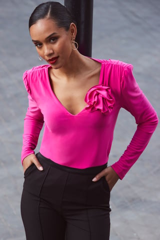 Hot Pink Corsage Detail Ruched Shoulder Top
