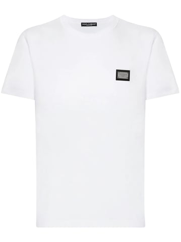 Dolce & Gabbana T-Shirt mit silberner Logo-Plakette in Weiß