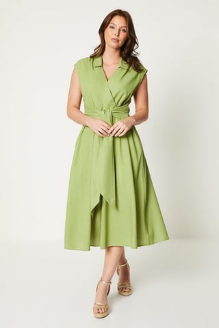 Linen Blend Belted Midi Dress
