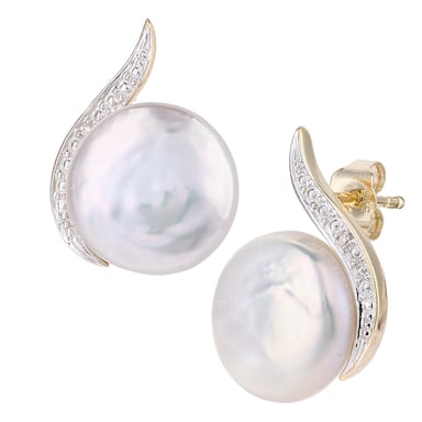 Boucles d'oreilles en or jaune 9 carats, diamants 0,01 carat avec perles de culture blanches