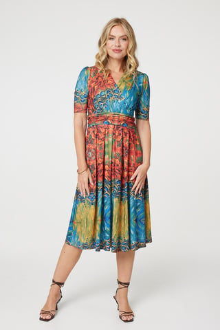 Blue Printed Ruched Waist Faux Wrap Midi Dress