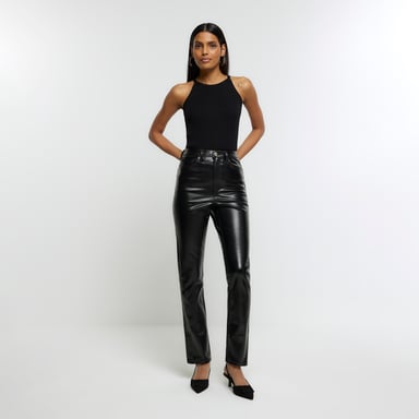 River Island Womens Straight Jeans Black High Waisted Slim Coated