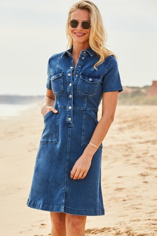 Indigo Blue Popper Front Short Sleeve Stretch Denim Dress