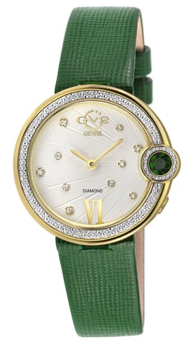 GV2 Women's Perugia Diamond Watch, IPYG Gehäuse, Silber/Weißes Zifferblatt, Echtes Saffiano Grünes Handgefertigtes Lederarmband