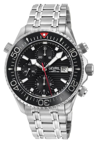 Gevril Herren Hudson Yards Chronograph Schweizer Automatik, 316L Edelstahlgehäuse, schwarzes Emaille-Zifferblatt, 316L Edelstahlarmbanduhr.