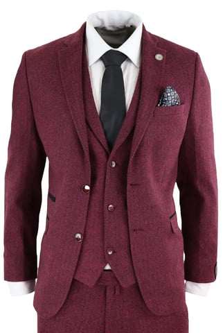 3-teiliger Herren-Retro-Anzug aus Woll-Tweed mit Fischgrätenmuster in Weinrot