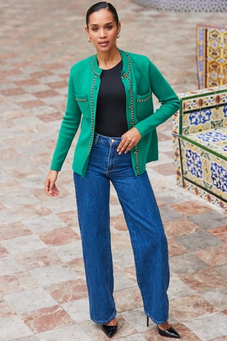 Green Pocket Front Cardigan With Chain Trim Detail
