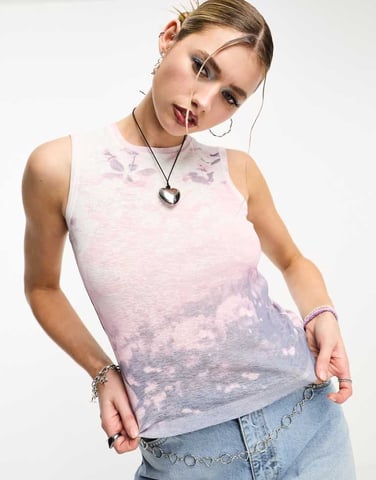 COLLUSION flower print semi sheer vest in white