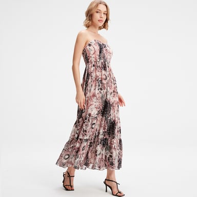 Bustier-Maxikleid aus Chiffon mit abstraktem Blumendruck