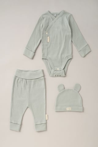 Green Cotton Bodysuit, Jogger and Hat 3-Piece Set