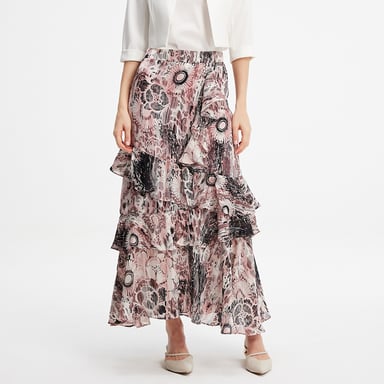 Langer Chiffon-Rock mit Rüschen und Blumendruck