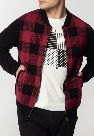 Apollo Mens Chunky Cotton Cardigan With Large Check Pattern In Black/Red