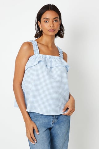 Gingham Frill Square Neck Strappy Top