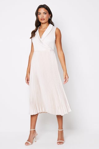 Satin Collared Midi Dress With Pleated Skirt