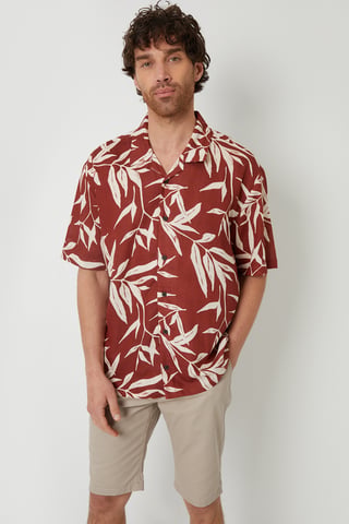 Terracotta 'Bamba' Revere Collar Leaf Print Short Sleeve Shirt