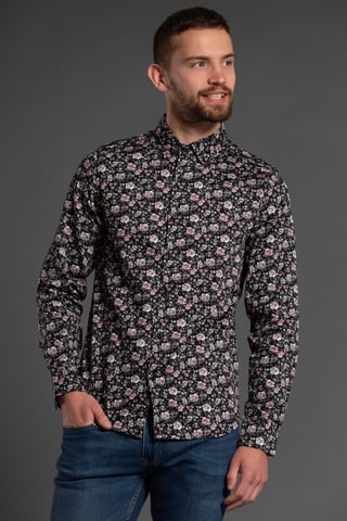 Black Cotton Floral Print Long Sleeve Shirt