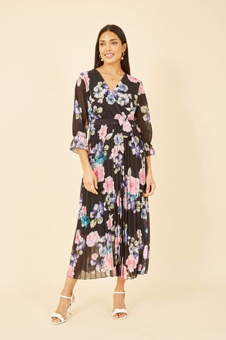 Yumi Black Floral Pleated Wrap Midi Dress