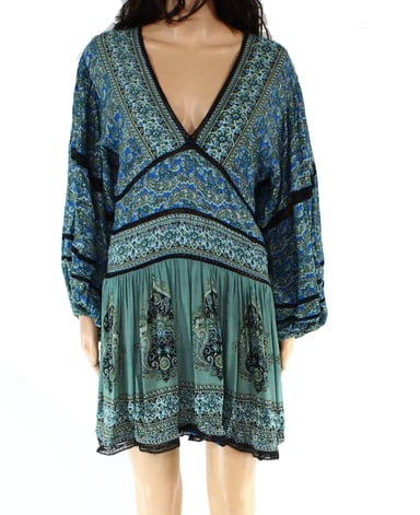 Free People Women's Dress Blue Floral-Print V-Neck Shift