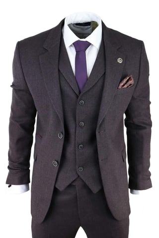 Herren Lila Pflaume 3-teiliger Tweed Fischgrätanzug Peaky Blinders Klassisch Maßgeschneidert