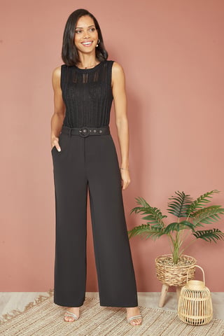 Black Straight Leg Crepe Trousers With Belt