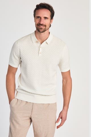Ecru Cotton Short Sleeve Button-Up Polo Shirt