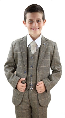 3-teiliger klassischer Anzug aus hellbraunem Tweed mit Fischgrätenmuster für Jungen