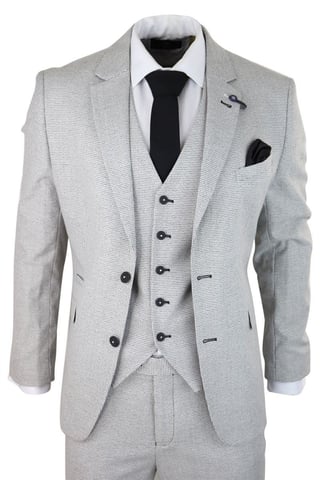 3-teiliger Herrenanzug aus hellgrauem Tweed mit Karomuster im Retro-Stil