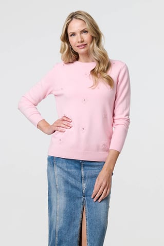 Light Pink Floral Gemstone Embellished Jumper