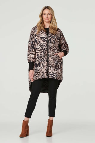 Beige Printed Zip Front High Low Coat