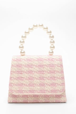 Pink Check Print Boucle Pearl Handle Bag