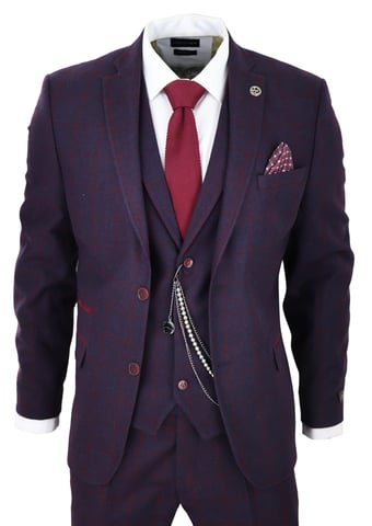 Herren 3-teiliger Tweed-Anzug Pflaume Lila Karomuster Peaky Blinders Klassisch 1920 Gatsby