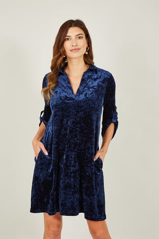 Navy Velvet Tunic Dress With 3/4 Sleeves