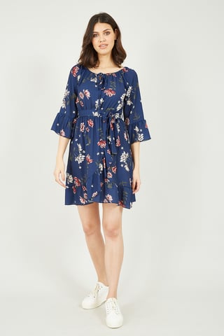 Robe Bardot patineuse bleu marine à fleurs et volants Mela