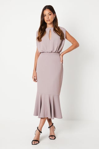 Drape Crepe Blouson Flute Hem Midi Dress