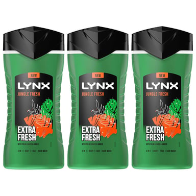 Lynx 3in1 Body, Face & Hair Wash Shower Gel Extra Fresh Jungle Fresh 225ml, 3pk